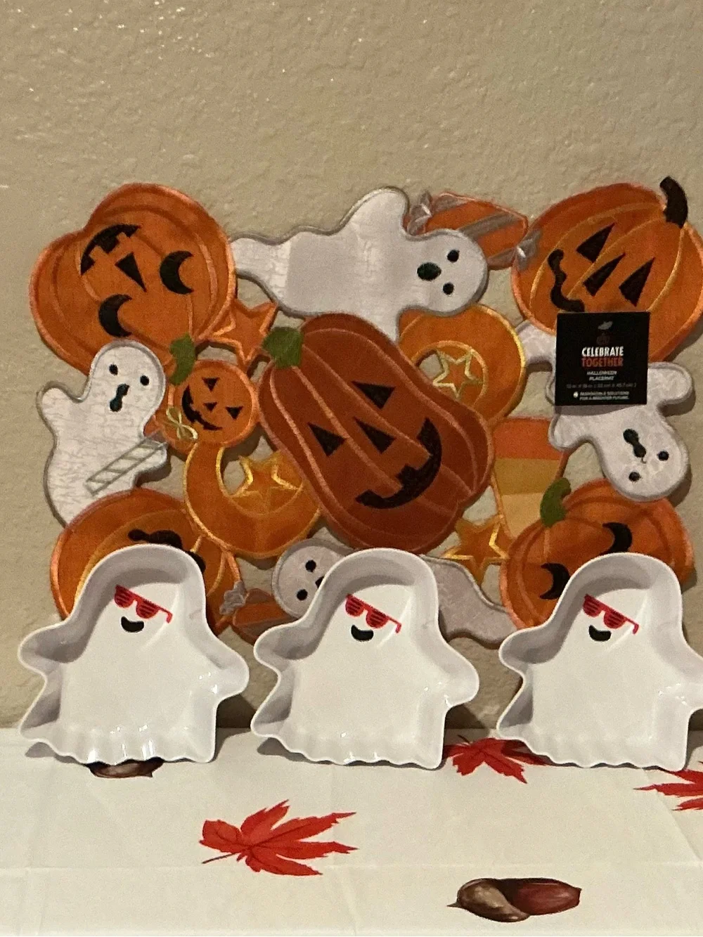 Set of 2 Orange Halloween Pumpkin & Ghost Placemats & 3 Ghost Snack Bowls